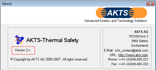 AKTS-Thermal Safety About Window, Software Version