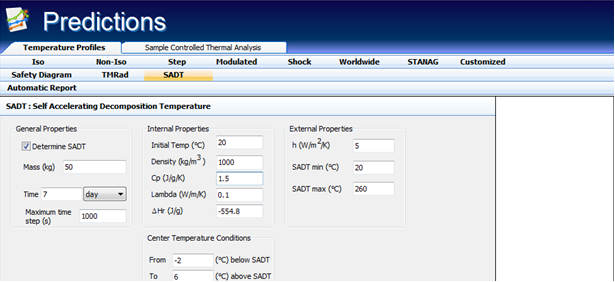 SADT calculation tab in AKTS-Thermokinetics software