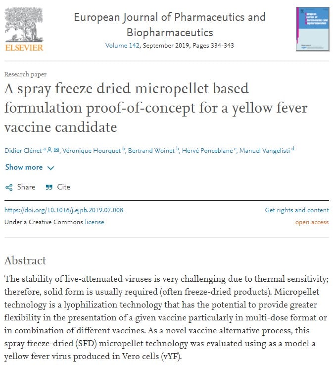 A spray freeze dried micropellet based formulation proof-of-concept for a yellow fever vaccine candidate